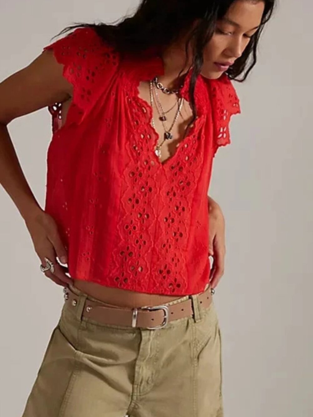 Free People FP One Sigrid Blouse Top High Risk Red Eyelet Lace Embroidered M